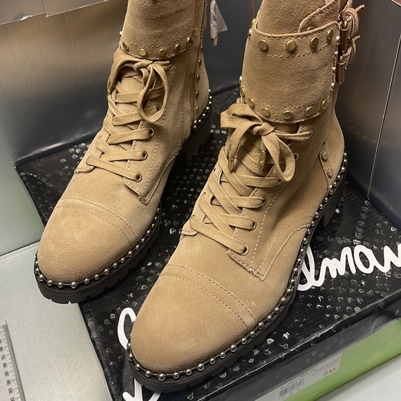 BNIB Sam Edelman Jennifer Studded Combat Suede Boots Tan 9M - Picture 3 of 13